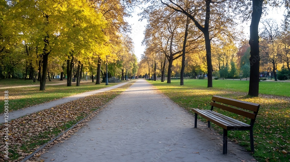 Poster charming autumn park pathway shaded by colorful trees and wooden bench : generative ai