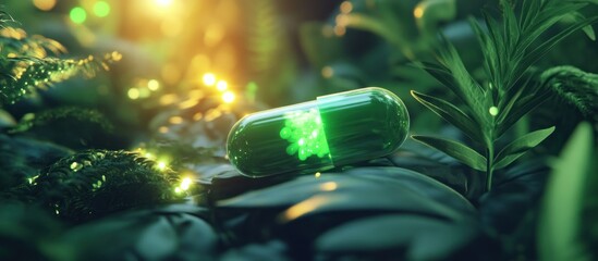 Glowing Green Capsule in Lush Foliage: A Futuristic Herbal Remedy