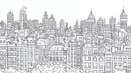 Fototapeta premium Cityscape skyline drawing, urban landscape, buildings, trees, background illustration, design element