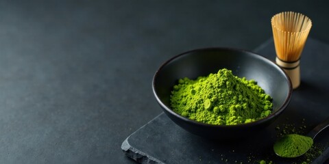 Aromatic Green Powder in a Dark Bowl with Whisk and Spoon on a Black Surface