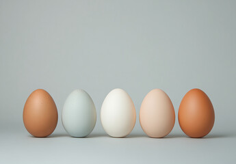 Five eggs of different colors in a row, one egg is white and the other four are red. In front, there is an empty space for text. The background color should be gray. Minimalist style. 