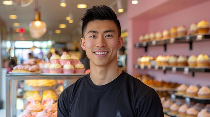 young baker stands confidently in pink themed bakery, surrounded by delicious cupcakes and pastries, showcasing vibrant atmosphere