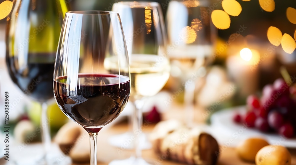 Poster elegant wine glasses with red and white wine set against festive backdrop : generative ai