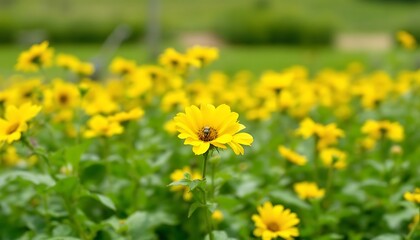 Blooming Yellow Flowers with Bee Gathering Pollen in a Lush Garden