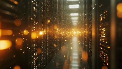 Glowing data center server room aisle.