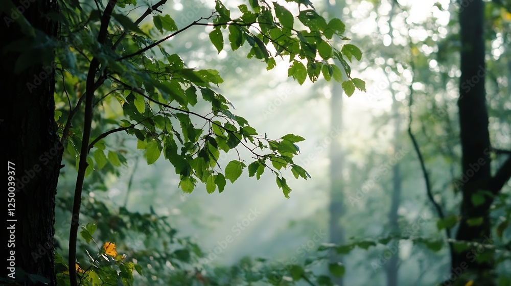 Leinwandbilder serene forest scene with green leaves and rays of sunlight filtering through trees : generative ai