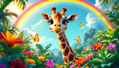 Cartoon Giraffe Smiling in Jungle with Rainbow and Butterflies