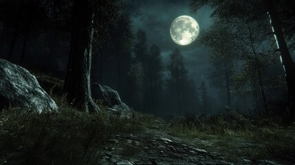 Moonlit forest path with towering trees and rocky terrain