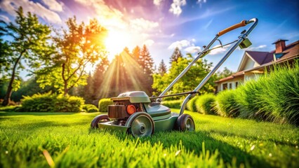 Fototapeta premium High-angle shot: handheld lawnmower, sharp focus, cutting grass, outdoor power equipment for lawn care.