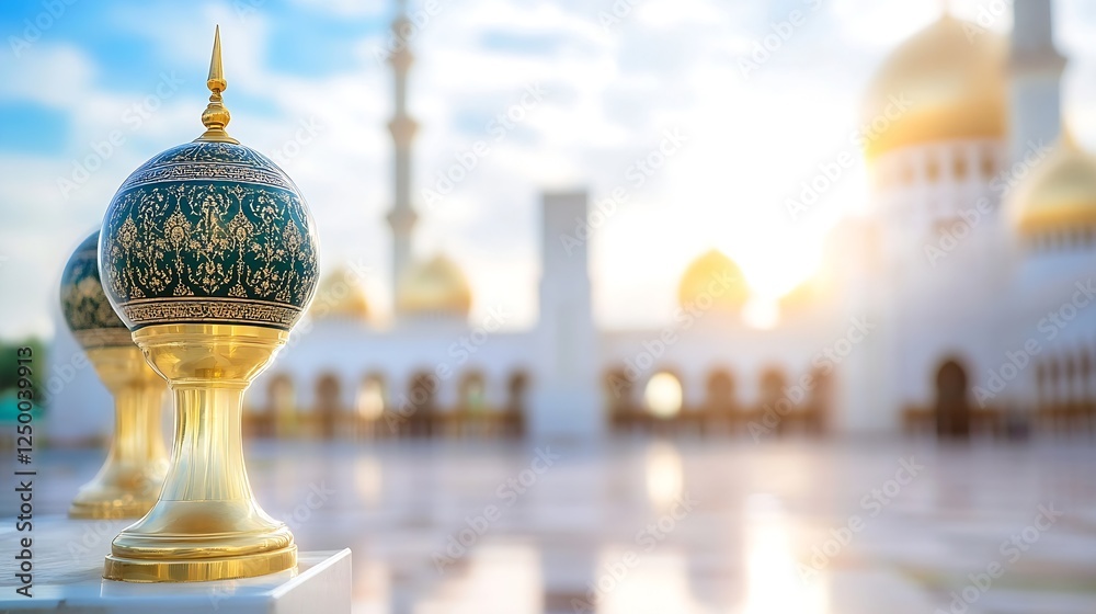 Poster stunning architectural features of a mosque with decorative domes and elegant design : generative ai