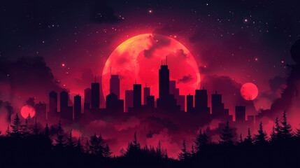 vibrant, abstract city skyline under large red moon, surrounded by clouds and trees, creating mystical atmosphere