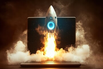 Rocket launching from laptop screen, symbolizing startup, innovation, and technology.
