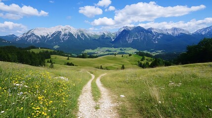 Fototapeta premium Breathtaking Mountain Landscape with Lush Green Fields and Blue Sky in Daylight : Generative AI