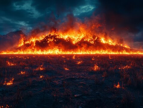 Intense wildfire engulfing a landscape under dramatic skies, showcasing the power of nature and the urgency of environmental awareness.