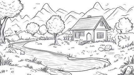 Obraz premium Cottage by river, mountain view, idyllic scene, coloring book page