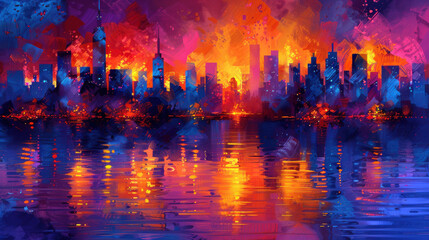 Obraz premium vibrant abstract city skyline at sunset, reflecting colors on water