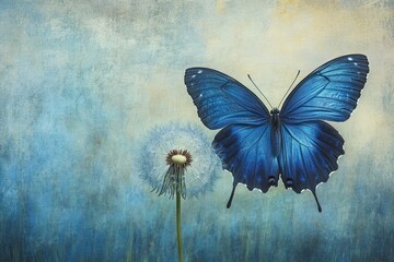 Obraz premium Blue butterfly on dandelion, textured background; nature, serenity, spring