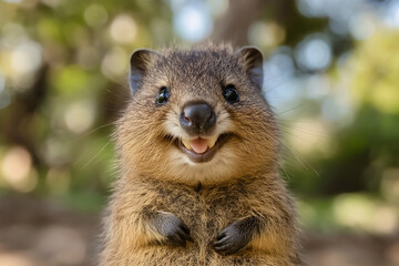 Naklejka premium Charming Quokka's Winning Smile: Nature's Happiest Marsupial Spreading Joy