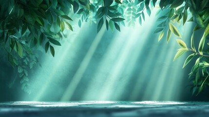 Obraz premium spring background greenery gradient concept, A serene, illuminated forest scene with soft rays of light filtering through lush green leaves, creating a tranquil atmosphere.