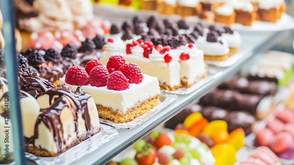 Poster delicious assortment of vibrant cakes and desserts beautifully arranged in a bakery display : genera