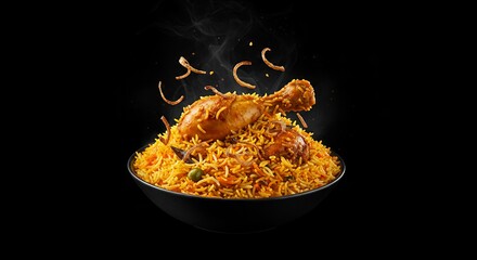 Delicious Chicken Biryani in a Black Bowl Steaming Hot Aromatic Rice Dish Indian Cuisine