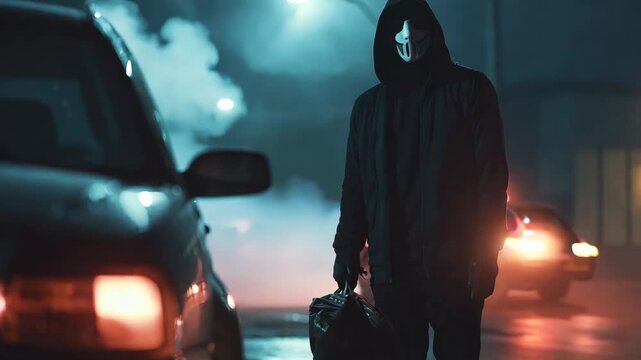 A hooded figure wearing a white mask stands in a dimly lit street, gripping a bag filled with cash. The eerie atmosphere, foggy night, and cinematic lighting evoke themes of crime, mystery
