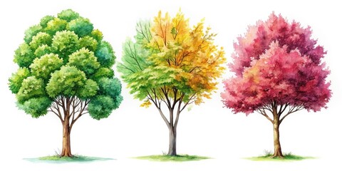 Fototapeta premium High-resolution watercolor summer tree illustrations, perfect for clipart or botanical art projects.