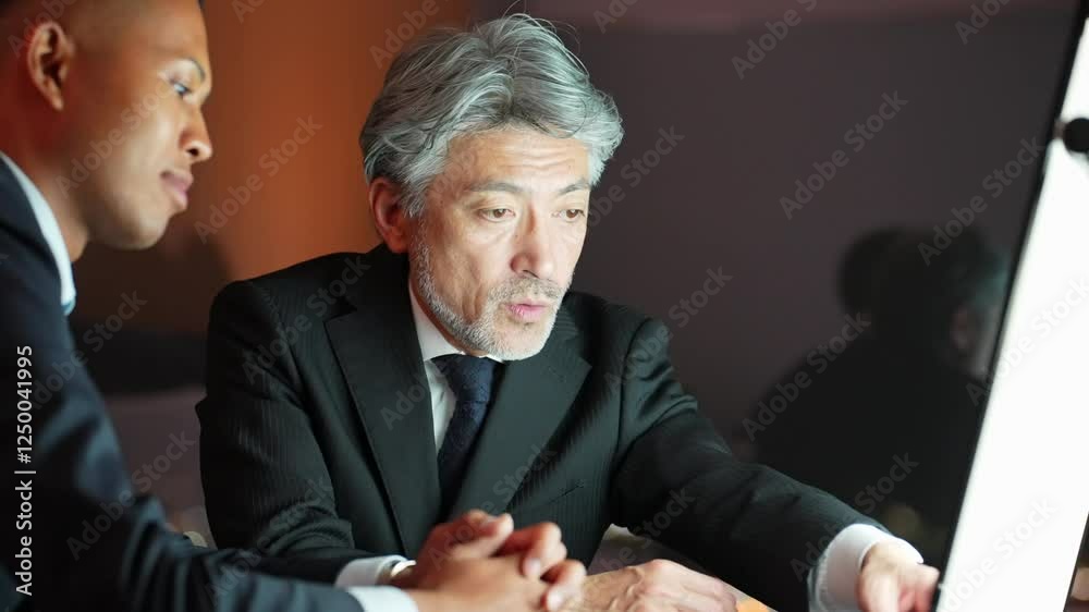 Poster ビジネス、会議、ミーティング、打ち合わせ、ビジネスマン、仕事、ビジネスパーソン、オフィス、夜景、相談、指導、経営者、グローバル、外国人、日本人、男性、多国籍、シニア、ミドルエイジ、中高年、黒人、国際、英会話、チームワーク、グループ、アドバイザー、コンサルタント、コンサルティング、社長、上司、部下、経営、マネジメント、企業、人材、指示、商談、説得、画面、暗い、PC、働く、提案、エグゼクティブ、照明、