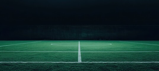 Fototapeta premium Dark soccer field at night, empty green grass.