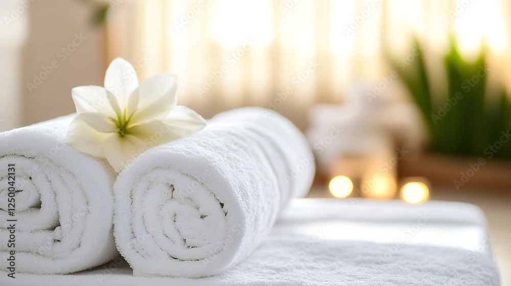 Poster spa towels with flower and soft lighting for relaxation : generative ai