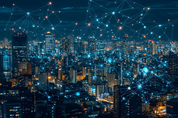 Naklejka premium Urban night view enhanced with holographic network lines creating a futuristic scene