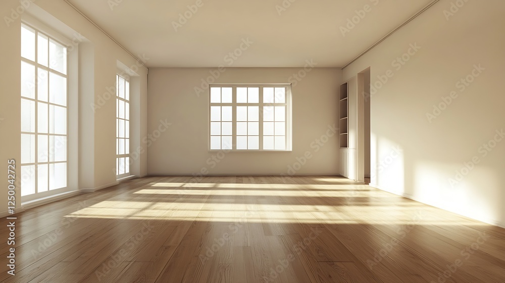 Poster bright and minimalist empty room with large windows : generative ai