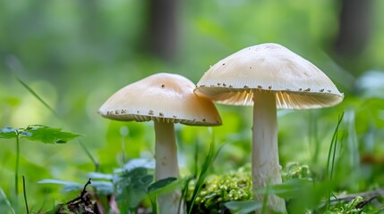 Two Majestic Mushrooms Growing Together in a Lush Green Forest Environment : Generative AI