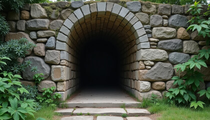 Dark Medieval Stone Tunnel with Curved Architecture