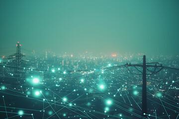 High-Contrast Image of Power Grid with Glowing Data Points and Cityscape at Night.