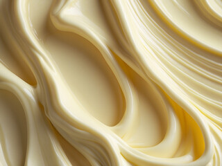 Fototapeta premium Close-up of smooth, creamy butter or custard texture with rich, flowing swirls. The soft, glossy appearance emphasizes its richness and indulgence.
