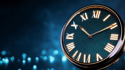 Elegant Vintage Clock on Blue Background with Roman Numerals and Glow
