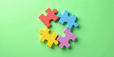 Obraz premium Colorful Puzzle Pieces Forming a Circle on a Green Background, Representing Teamwork and Collaboration
