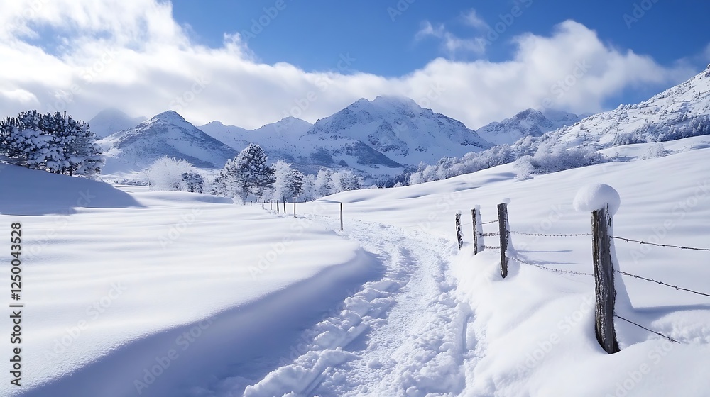 Poster beautiful winter landscape featuring snowy mountains and a tranquil path winding through pristine wh
