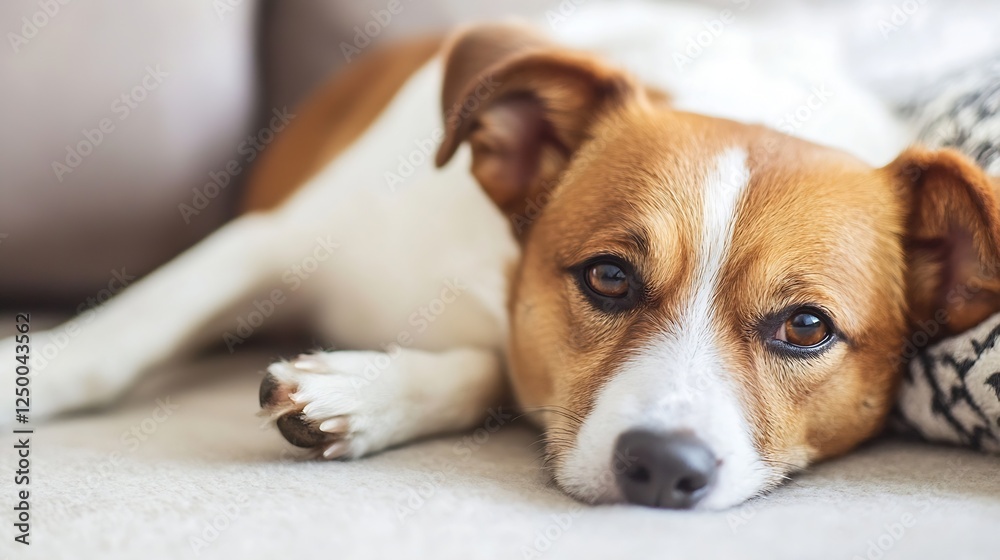 Poster Cute Relaxed Dog Comfortably Resting on a Soft Couch with a Calm Expression : Generative AI