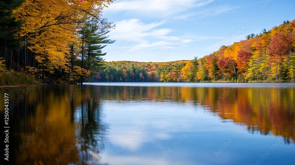 Poster serene autumn lake reflection surrounded by colorful fall foliage under a blue sky : generative ai
