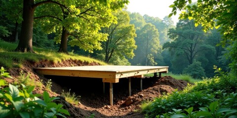 Fototapeta premium Elevated Wooden Platform in a Verdant Wooded Setting, Sunlight Dappling Through the Leaves