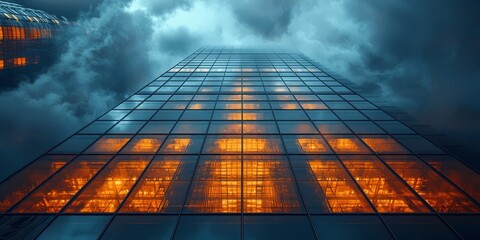 Majestic skyscraper reflecting warm orange lights against a dramatic cloudy sky, symbolizing urban resilience and modern architecture.