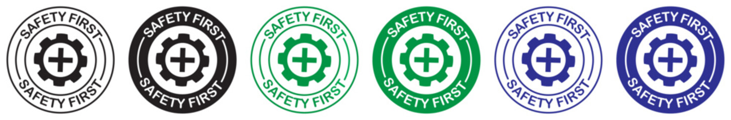 Safety first logo symbol set for factory construction site on white background. Safety first insignia featuring gear and medical cross for industrial hazard awareness. safety first. gear. industrial. 