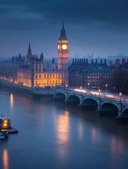 Fototapeta premium Iconic view of Big Ben and Houses of Parliament illuminated at twilight over the Thames River : Generative AI