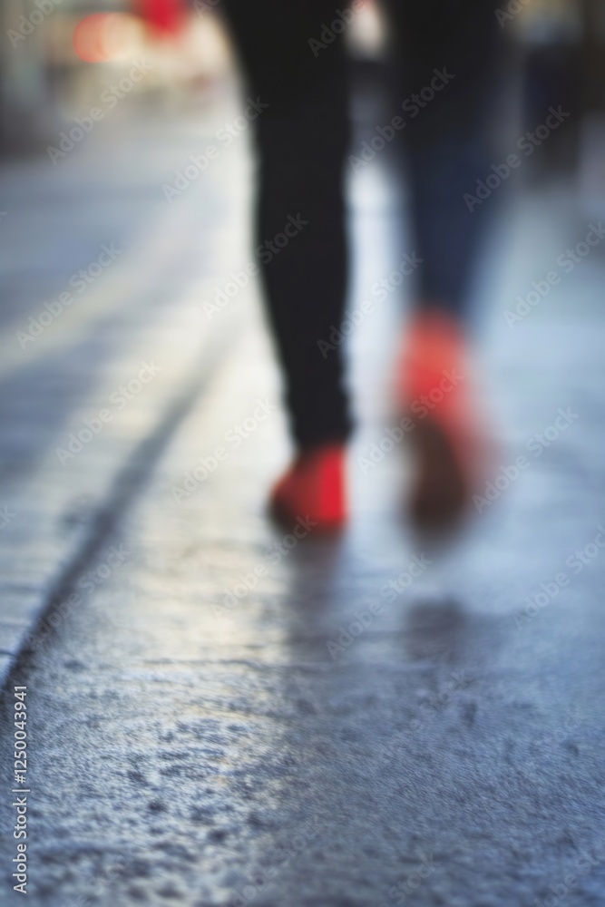 Poster blurry photo of a person walking on a wet street capturing the essence of urban movement and life : 