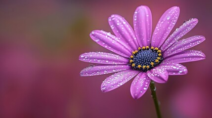 Fototapeta premium Dew-kissed purple daisy, garden bloom, blurred background, greeting card