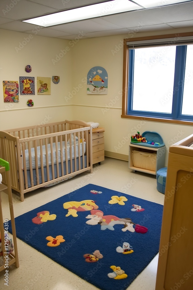 Poster brightly decorated nursery with crib and colorful rug for infants in modern style : generative ai