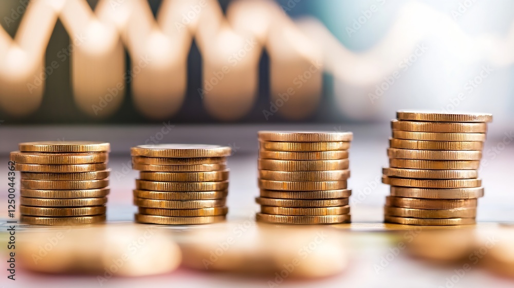 Poster Stacks of Coins Organized Neatly with a Blurred Investment Graph in the Background : Generative AI