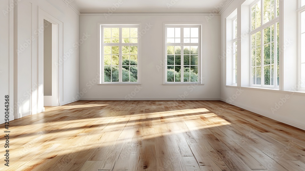 Poster spacious and bright empty room with wooden floors and large windows for modern living : generative a